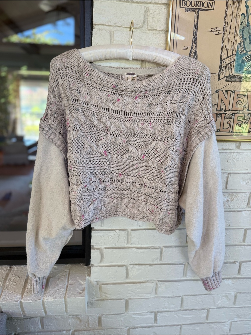 Free People Cropped Cable Knit Sweater in Light Beige with Pink Flecks
